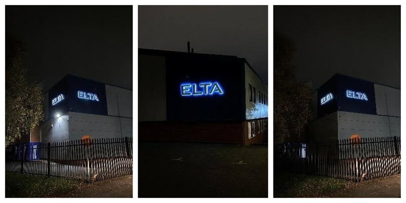 A collage of the ELTA built up letters lit up at night.